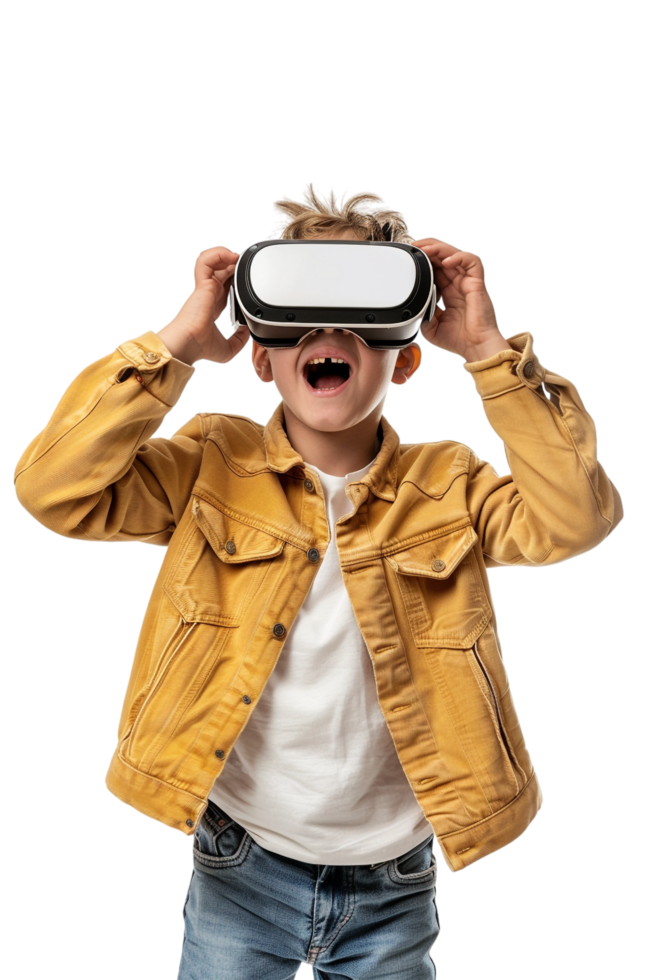 Happy boy kid using VR headset alone against transparent background png