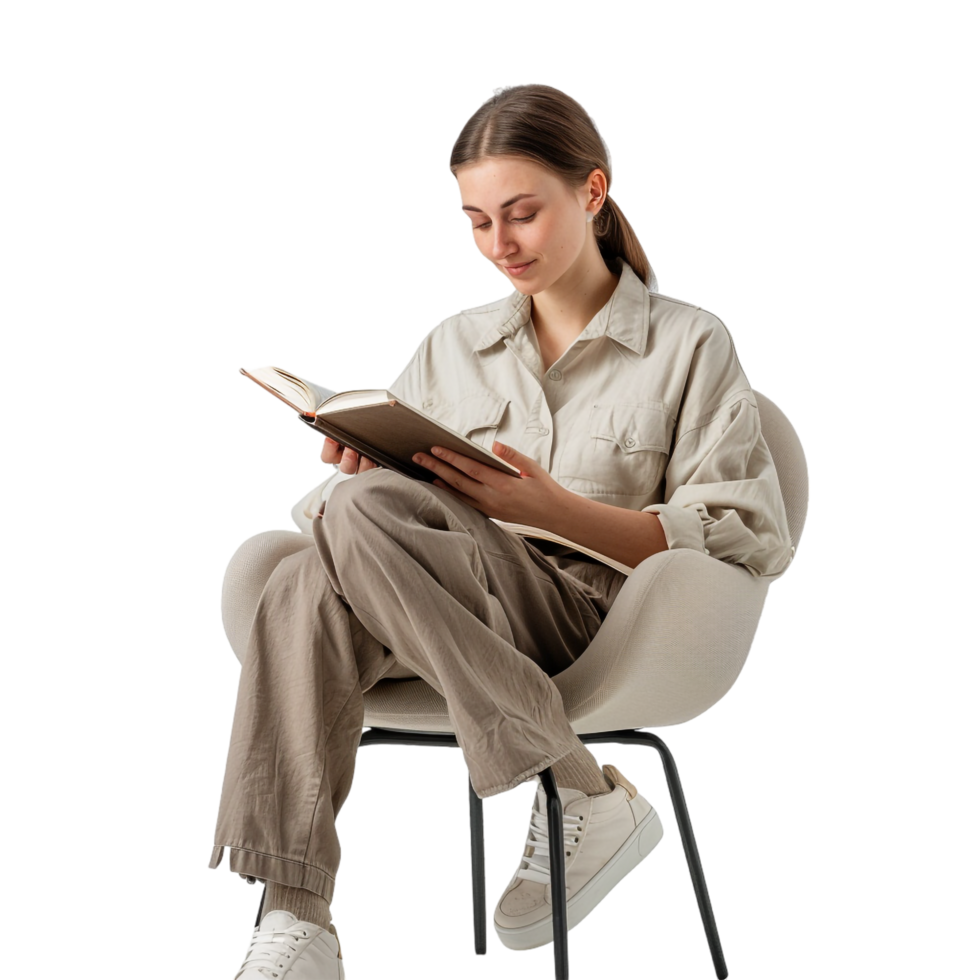 Happy woman reading book while sitting on chair alone against transparent background png
