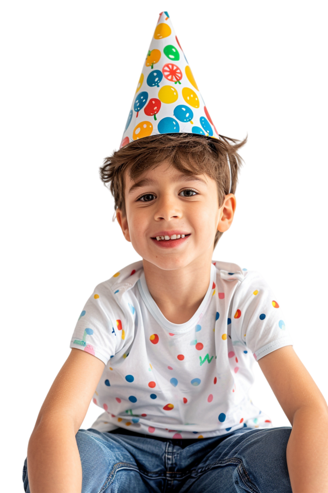 Happy boy kid wearing birthday hat alone against transparent background png