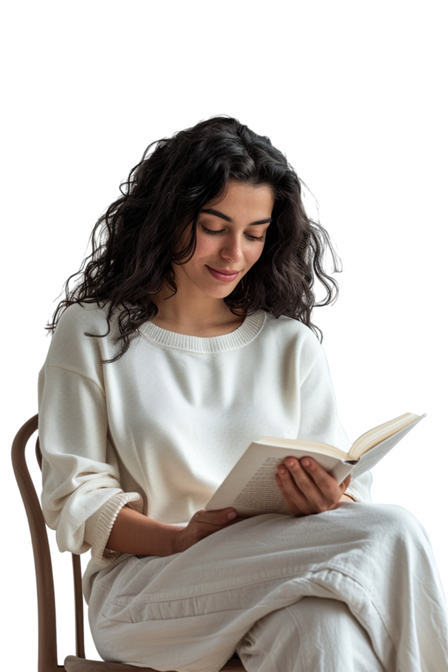 Happy woman reading book while sitting on chair alone against transparent background png