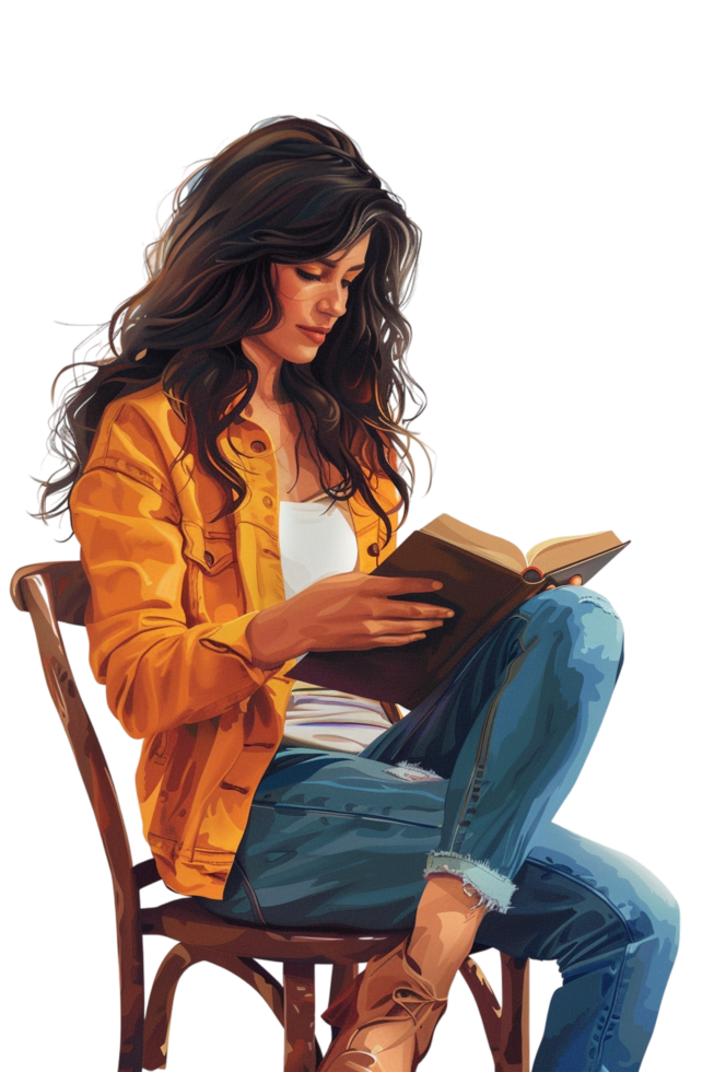 Happy woman reading book while sitting on chair alone against transparent background png