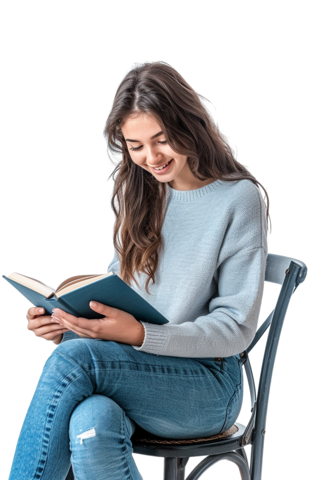 Happy woman reading book while sitting on chair alone against transparent background png