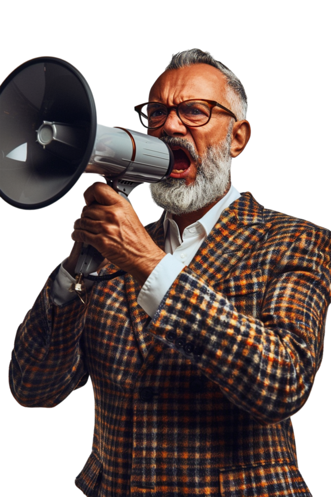 Isolated angry businessman using megaphone on transparent background png