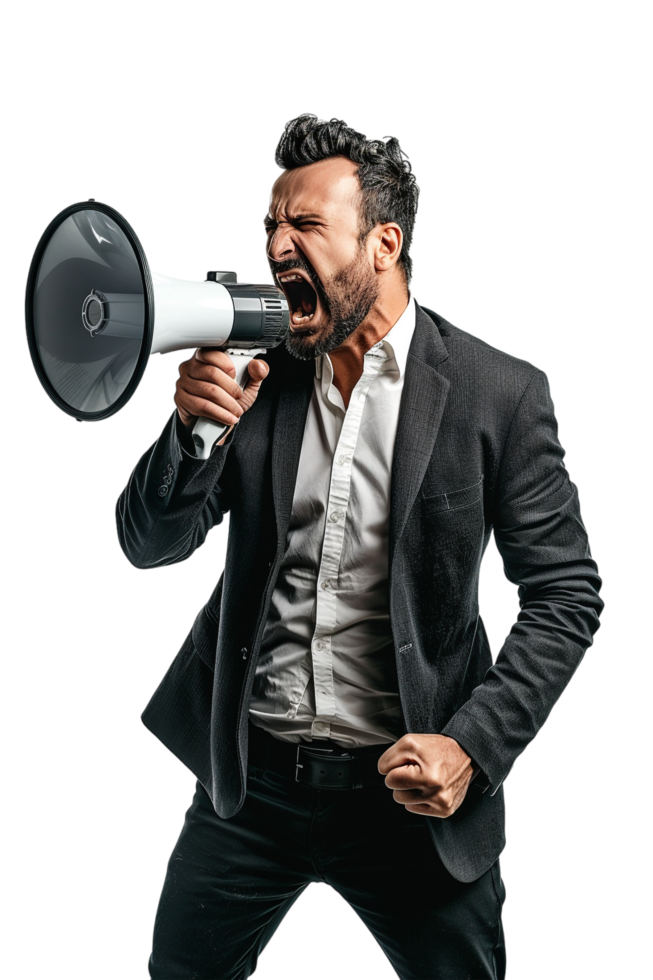 Isolated angry businessman using megaphone on transparent background png