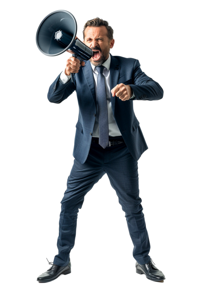Isolated angry businessman using megaphone on transparent background png