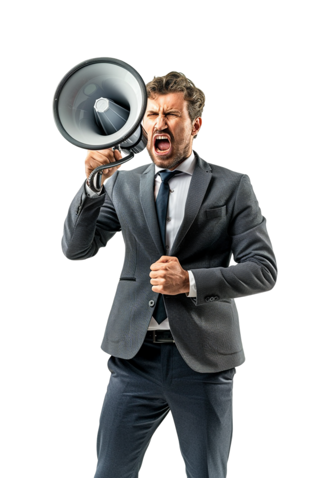Isolated angry businessman using megaphone on transparent background png