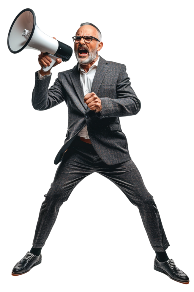 Isolated angry businessman using megaphone on transparent background png