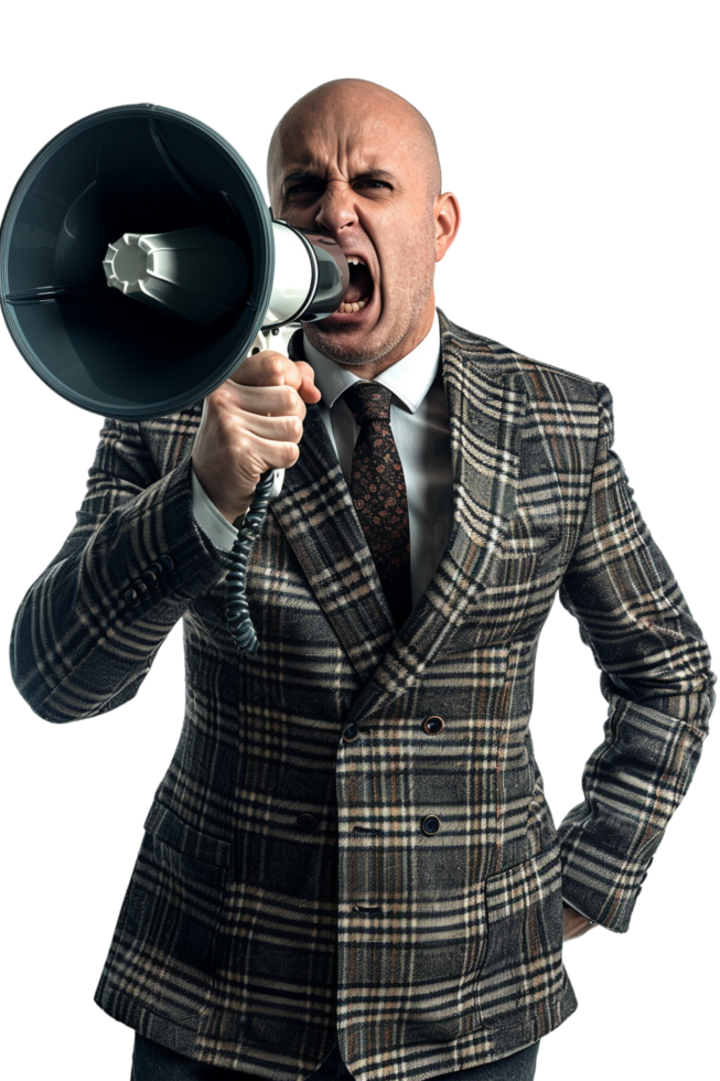 Isolated angry businessman using megaphone on transparent background png