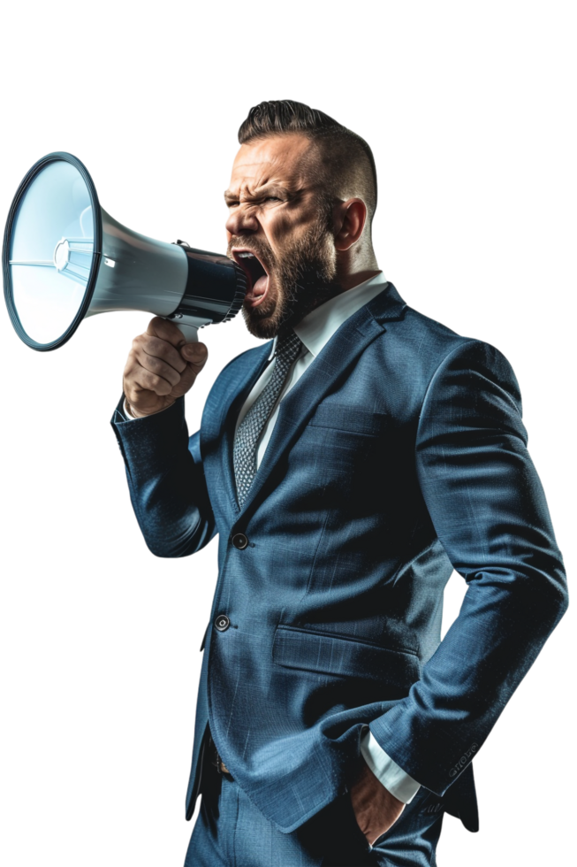 Isolated angry businessman using megaphone on transparent background png