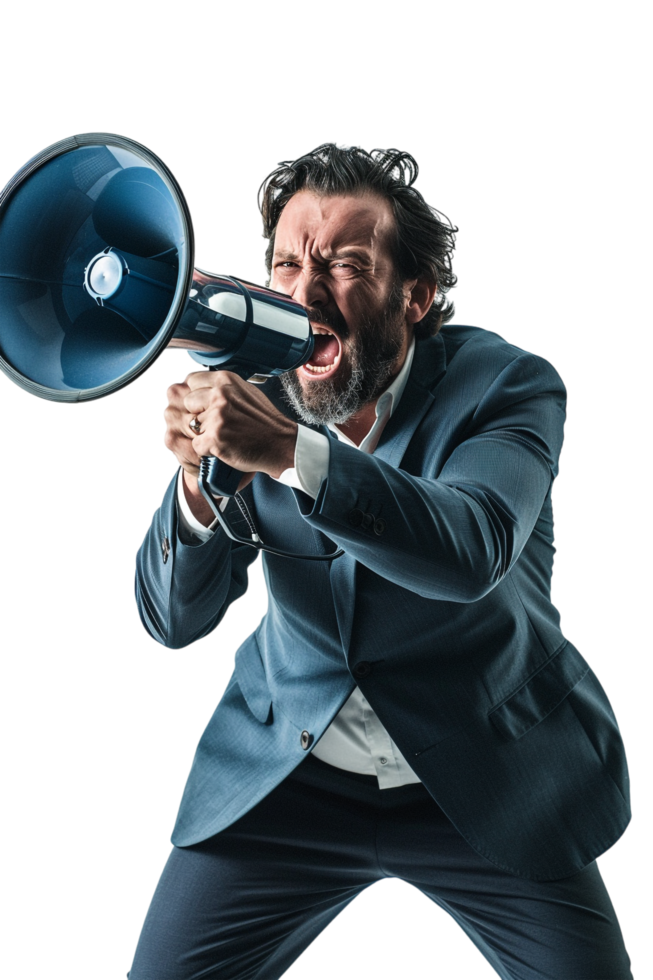 Isolated angry businessman using megaphone on transparent background png
