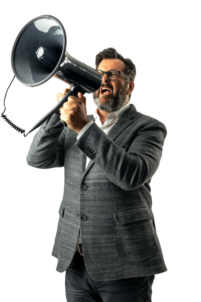 Isolated angry businessman using megaphone on transparent background png