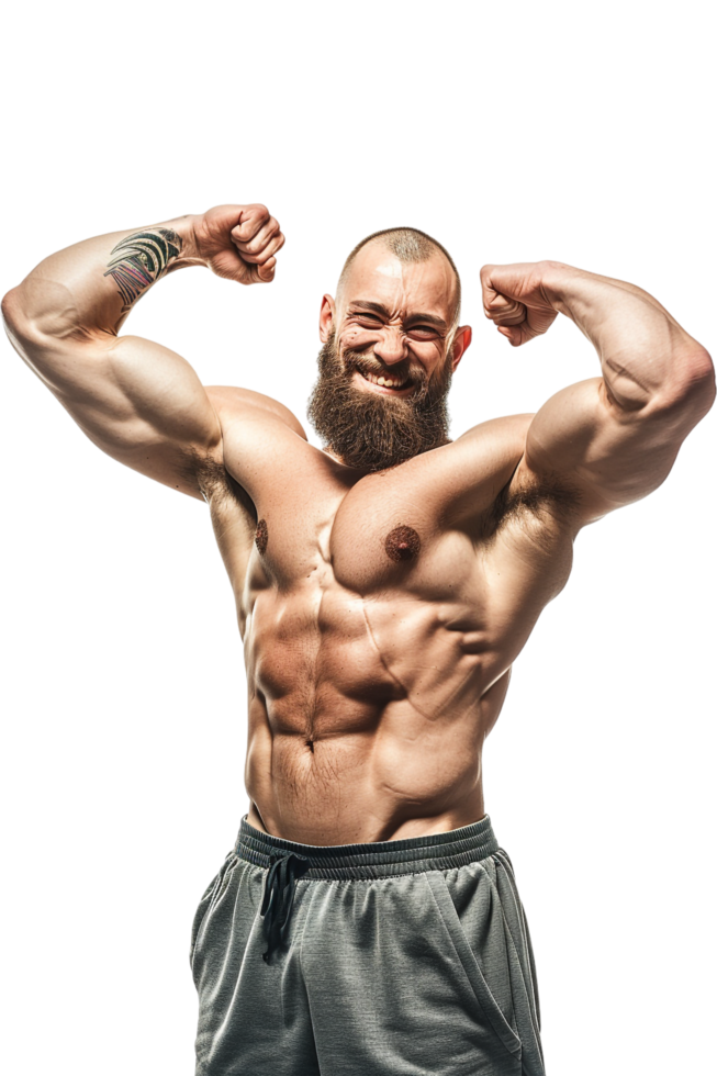 Happy male athlete flexing muscle alone against transparent background png