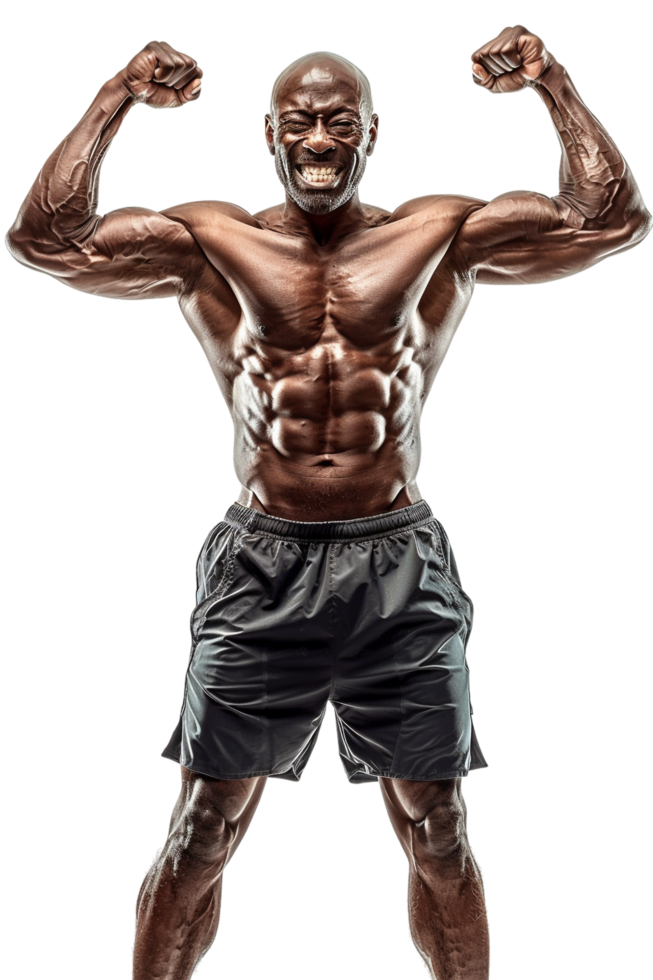 Happy male athlete flexing muscle alone against transparent background png