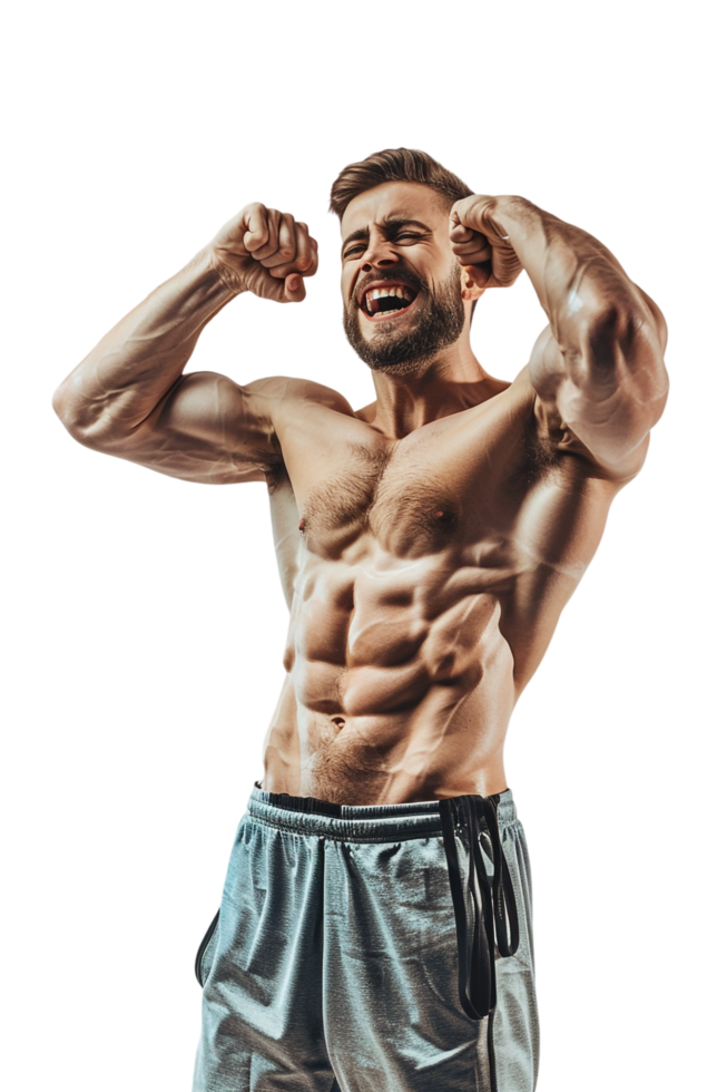 Happy male athlete flexing muscle alone against transparent background png