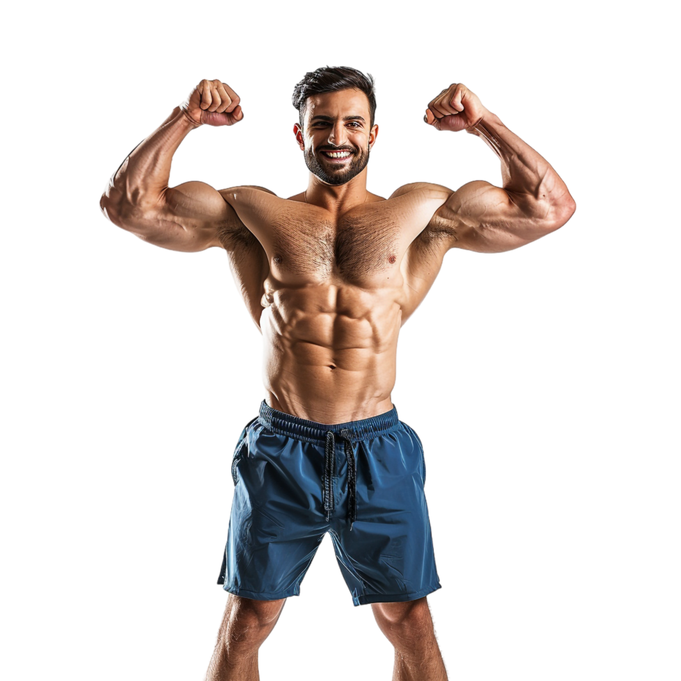 Happy male athlete flexing muscle alone against transparent background png