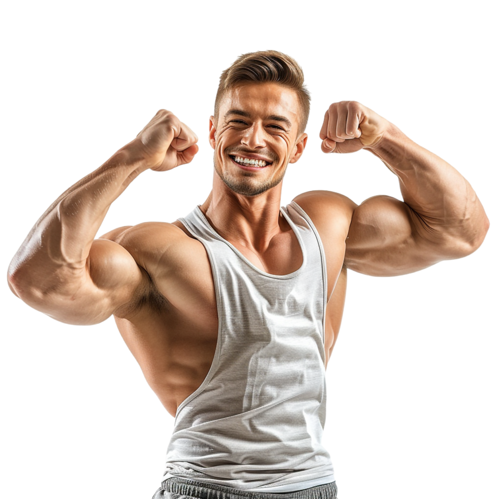 Happy male athlete flexing muscle alone against transparent background png
