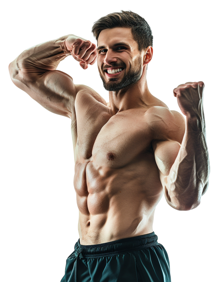 Happy male athlete flexing muscle alone against transparent background png