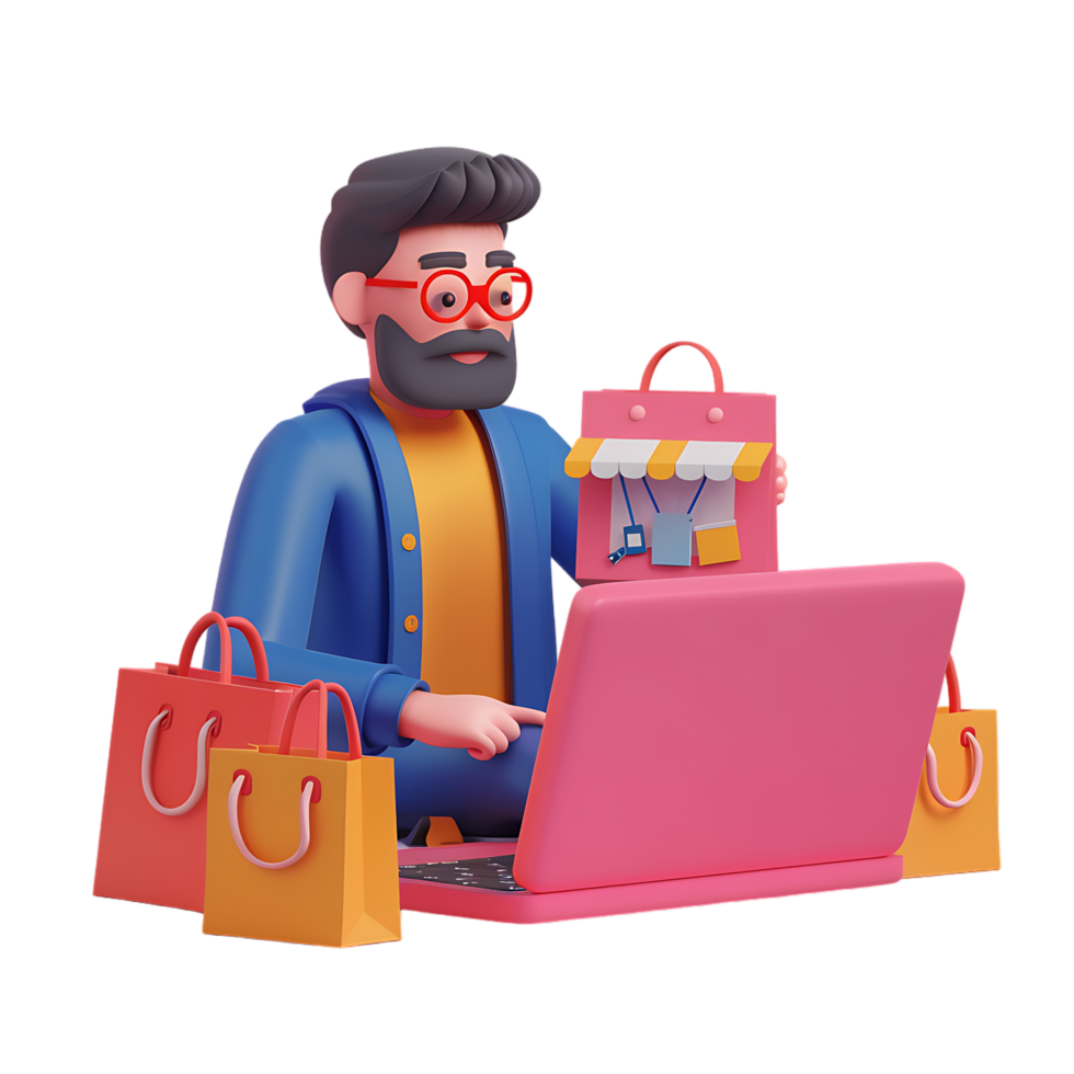 Man managing online store on a laptop icon against transparent background generated by Ai png