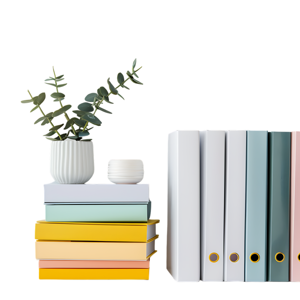 Stack of folders and documents on office desk against transparent background png