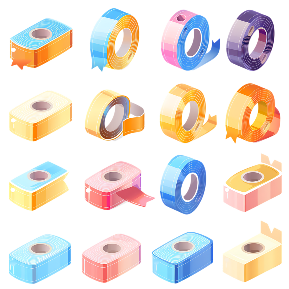 set of different slices of a adhesive tape icon against transparent background png