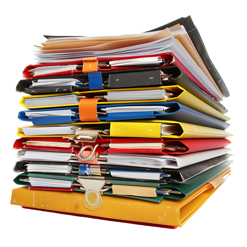 Stack of folders and documents on office desk against transparent background png