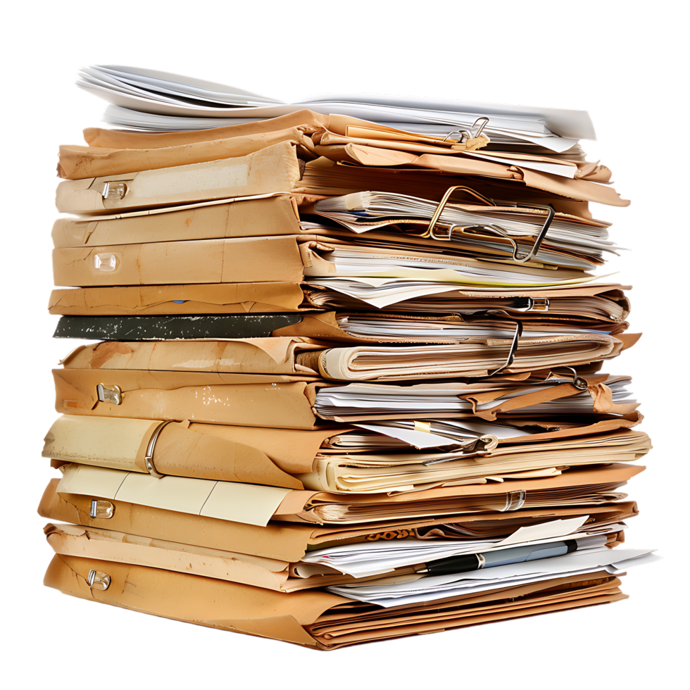 Stack of folders and documents on office desk against transparent background png