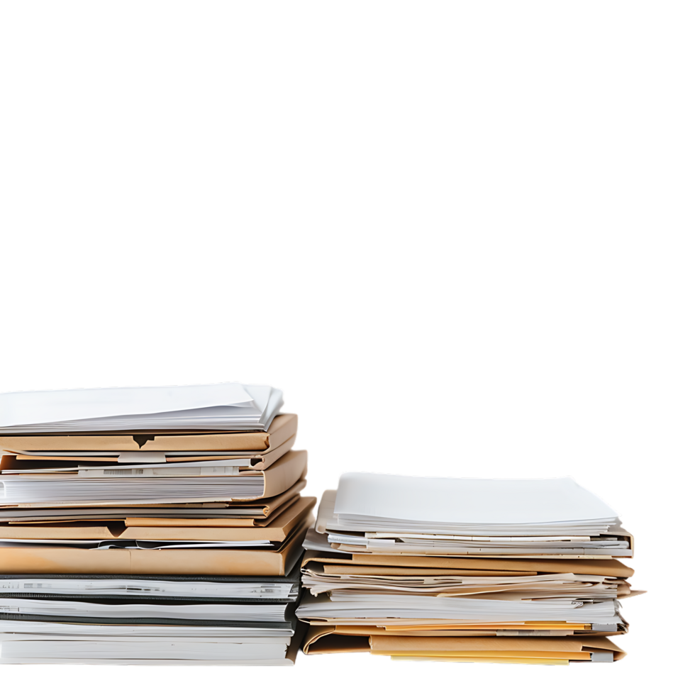 Stack of folders and documents on office desk against transparent background png