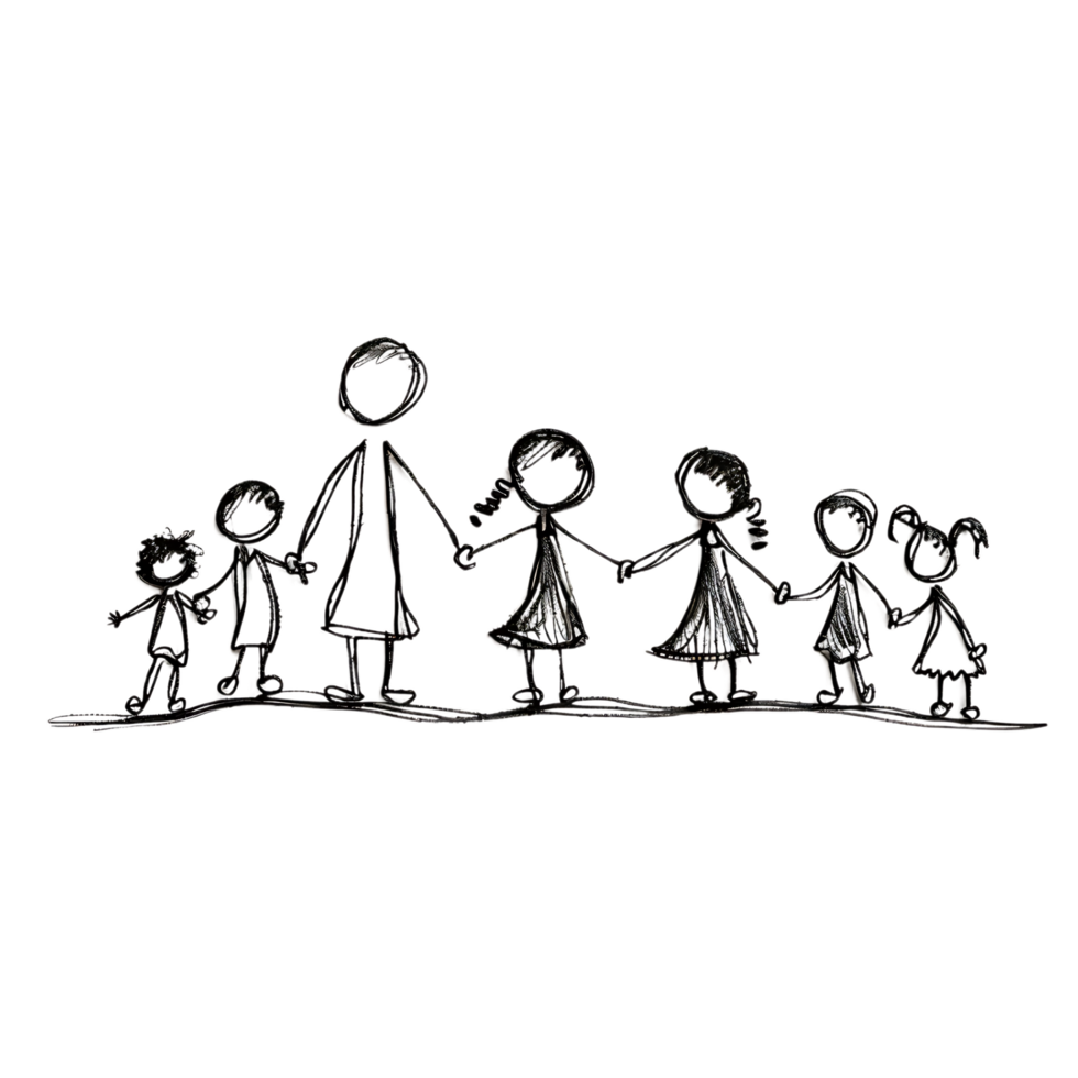 Stick figure family holding hands against transparent background png