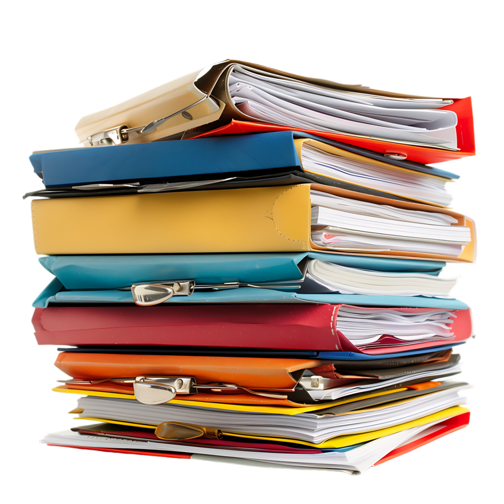 Stack of folders and documents on office desk against transparent background png