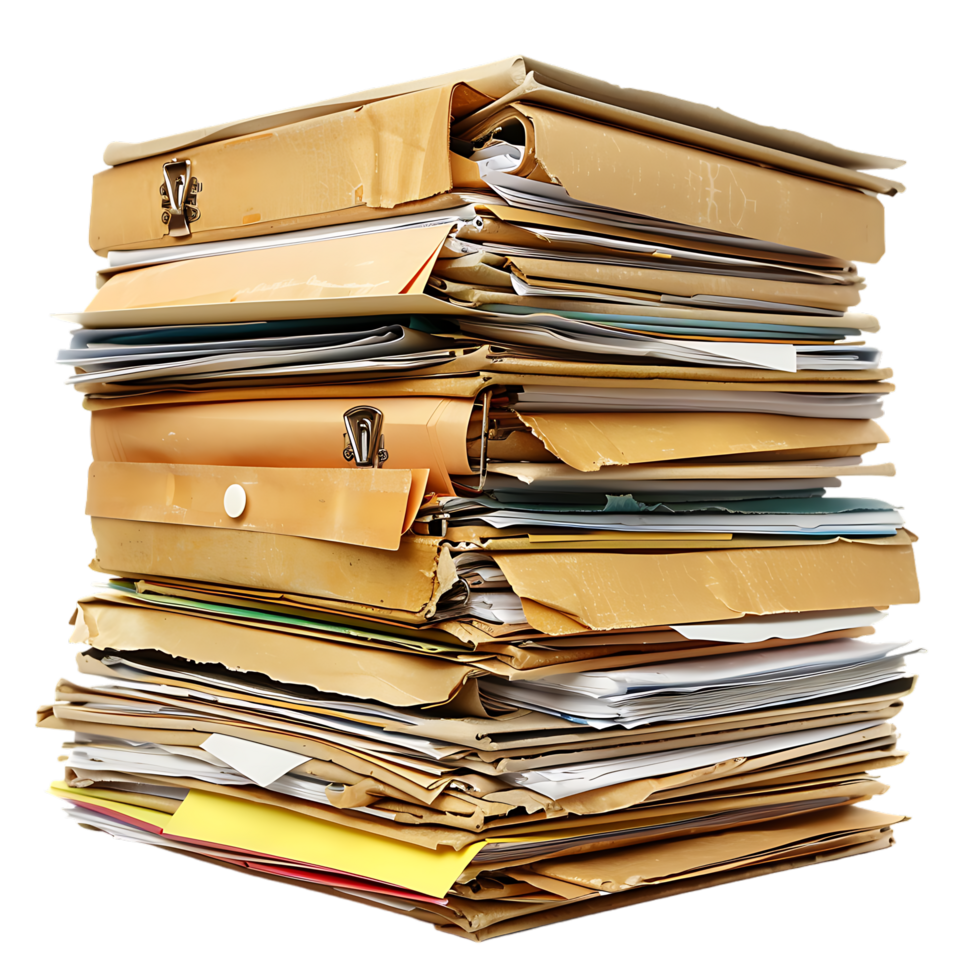 Stack of folders and documents on office desk against transparent background png