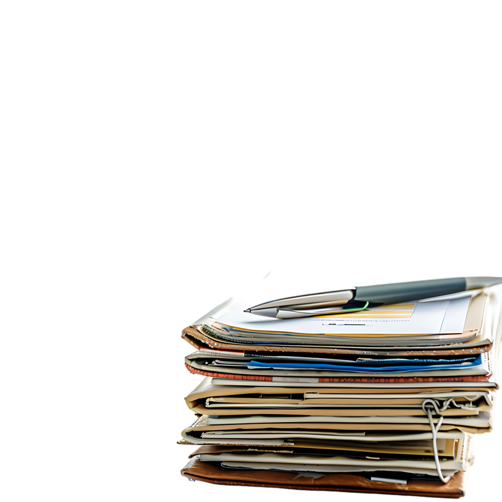 Stack of folders and documents on office desk against transparent background generated by Ai png
