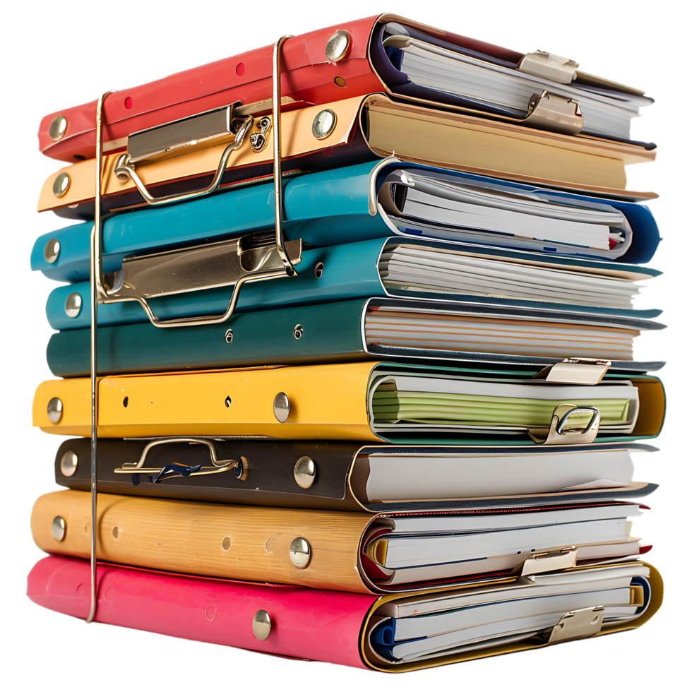 Stack of folders and documents on office desk against transparent background png
