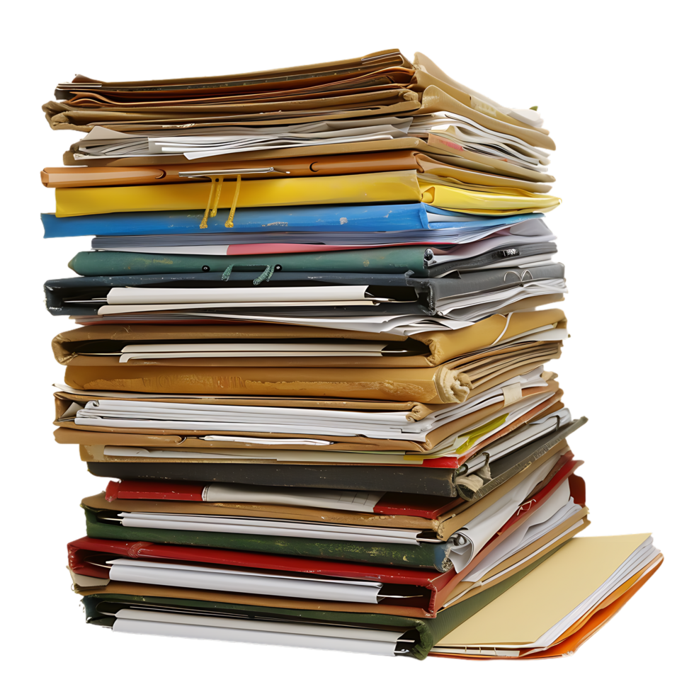 Stack of folders and documents on office desk against transparent background png