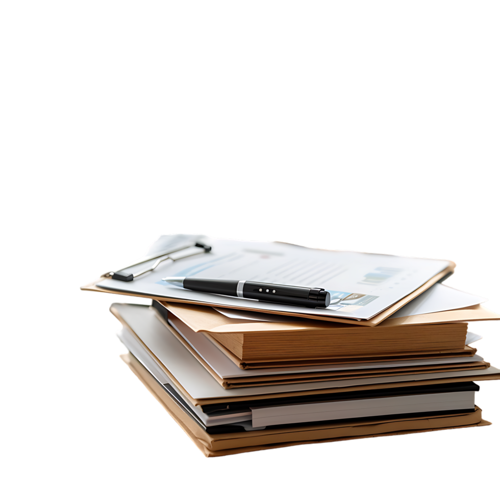 Stack of folders and documents on office desk against transparent background generated by Ai png