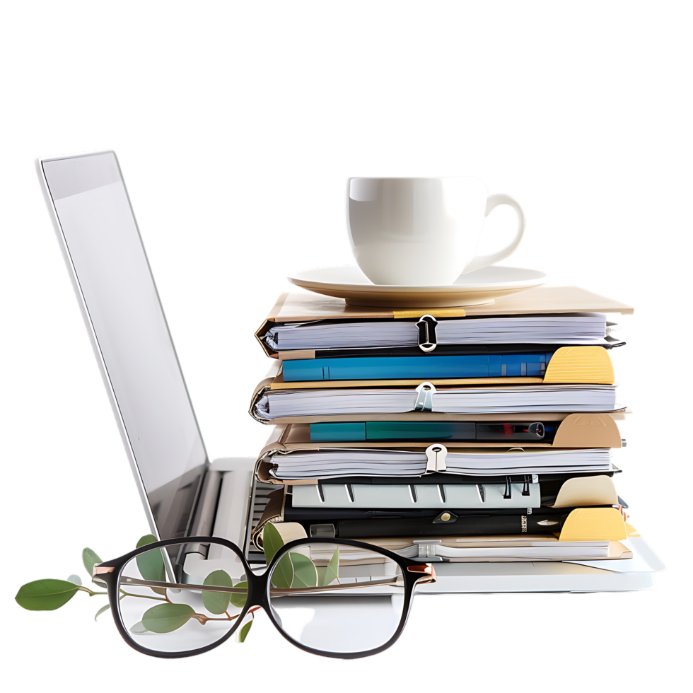 Stack of folders and documents on office desk against transparent background generated by Ai png