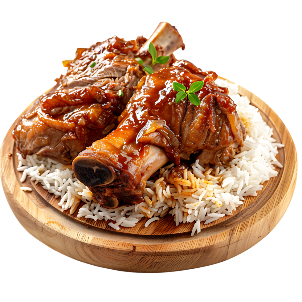 Stewed pork leg on rice on wood board against transparent background generated by Ai png