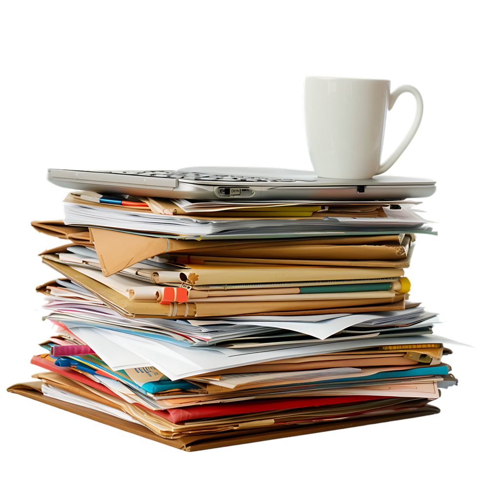 Stack of folders and documents on office desk against transparent background generated by Ai png