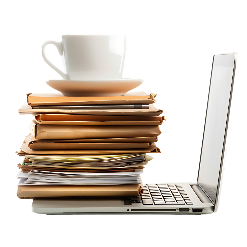 Stack of folders and documents on office desk against transparent background generated by Ai png