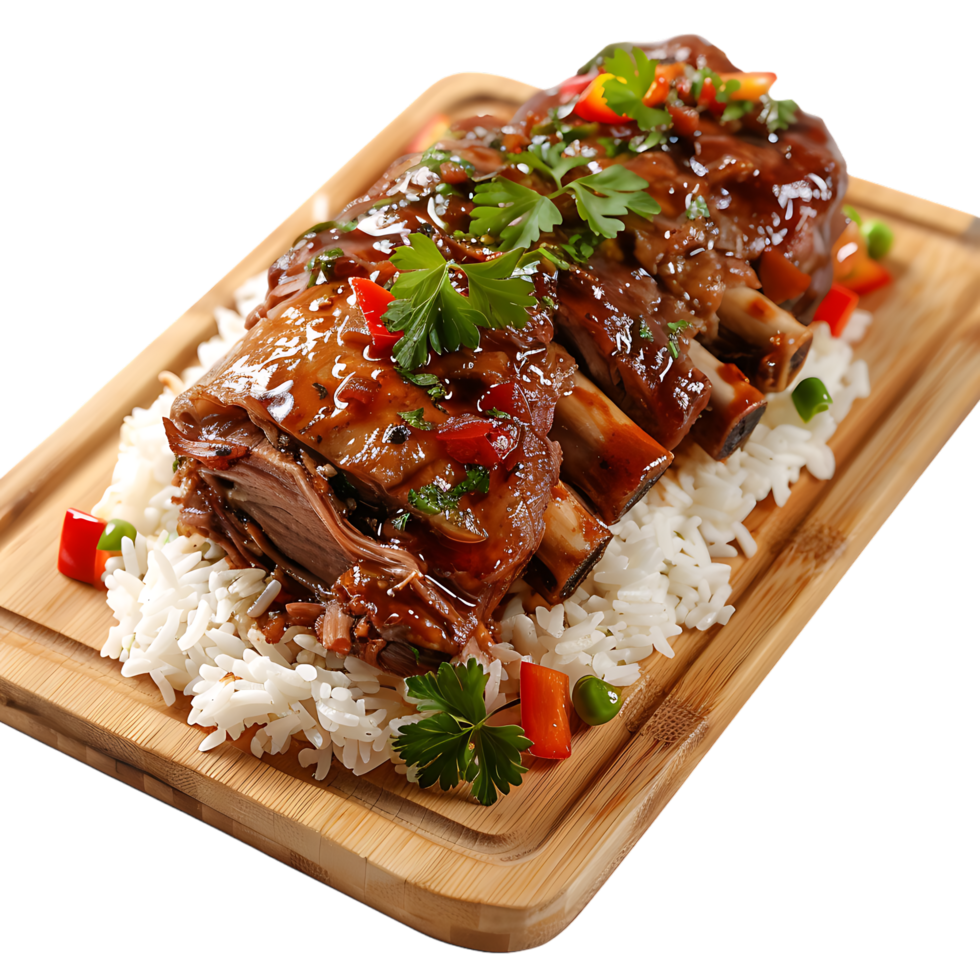 Stewed pork leg on rice on wood board against transparent background generated by Ai png