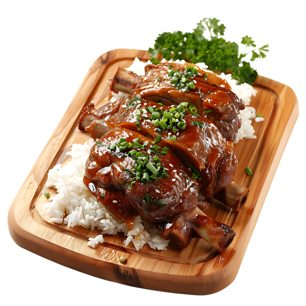 Stewed pork leg on rice on wood board against transparent background generated by Ai png