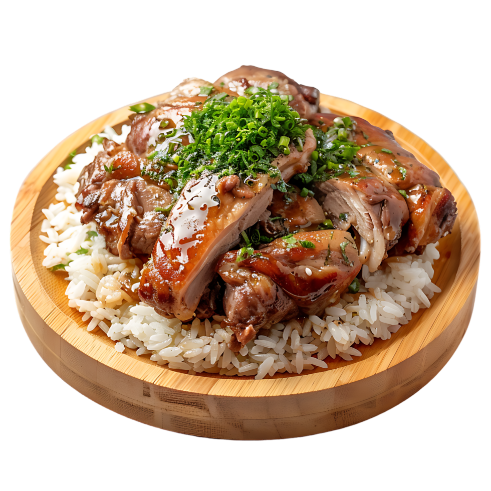 Stewed pork leg on rice on wood board against transparent background generated by Ai png