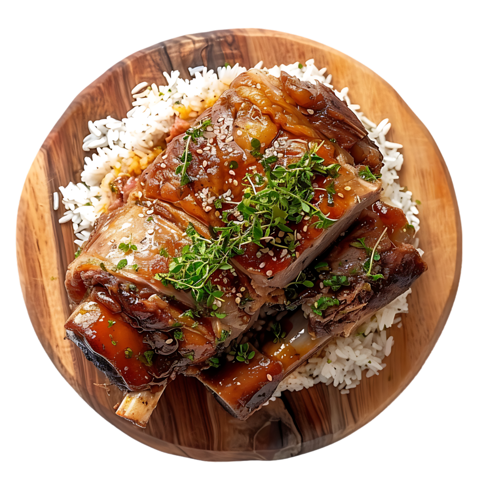 Stewed pork leg on rice on wood board against transparent background generated by Ai png