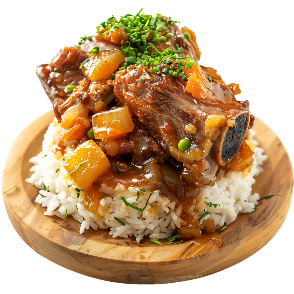 Stewed pork leg on rice on wood board against transparent background generated by Ai png