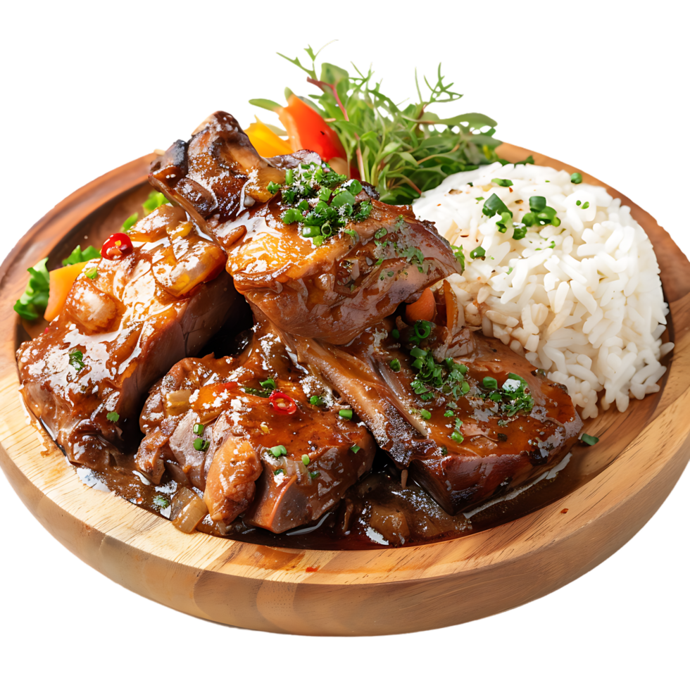 Stewed pork leg on rice on wood board against transparent background generated by Ai png