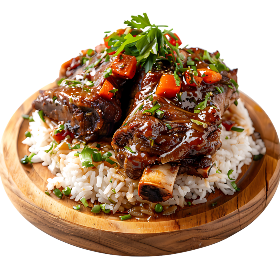 Stewed pork leg on rice on wood board against transparent background generated by Ai png