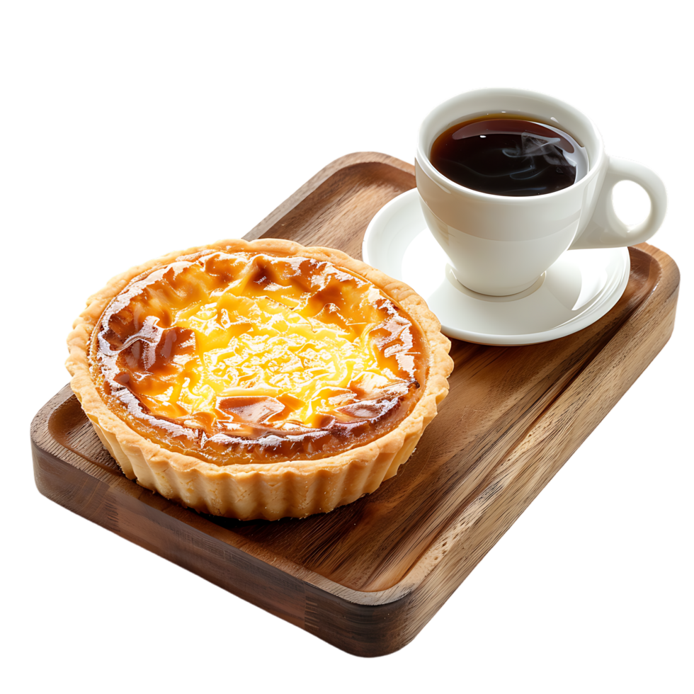 Egg tart with coffee on wooden tray isolated against transparent background generated by Ai png