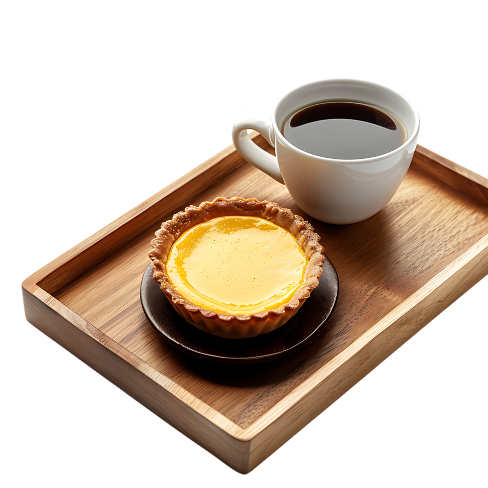 Egg tart with coffee on wooden tray isolated against transparent background generated by Ai png