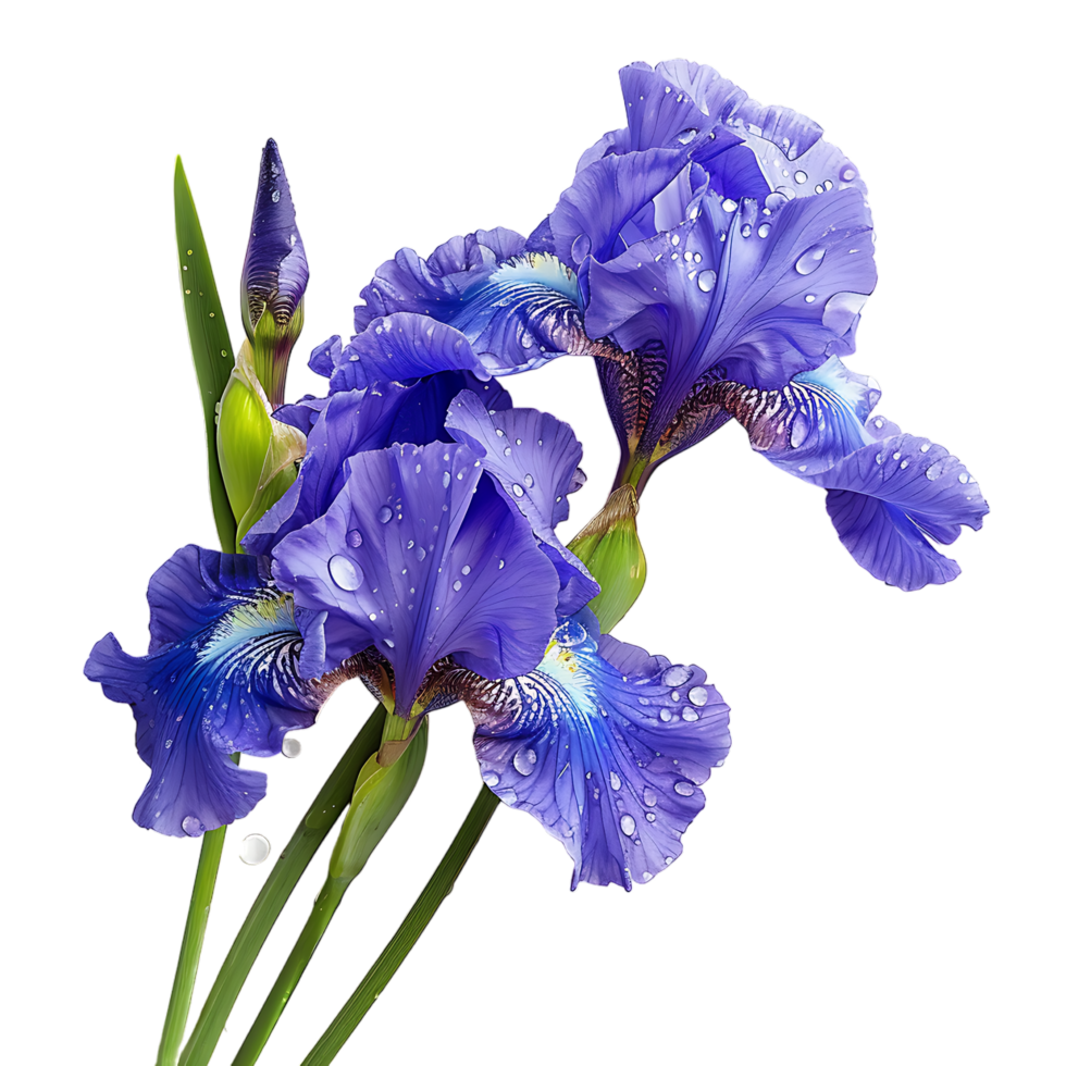 Iris flowers with raindrops isolated on transparent background png
