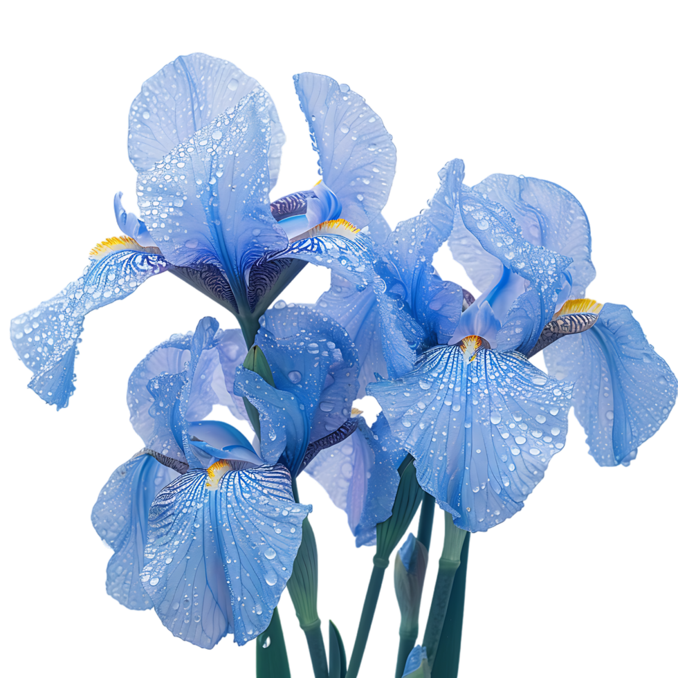 Iris flowers with raindrops isolated on transparent background png