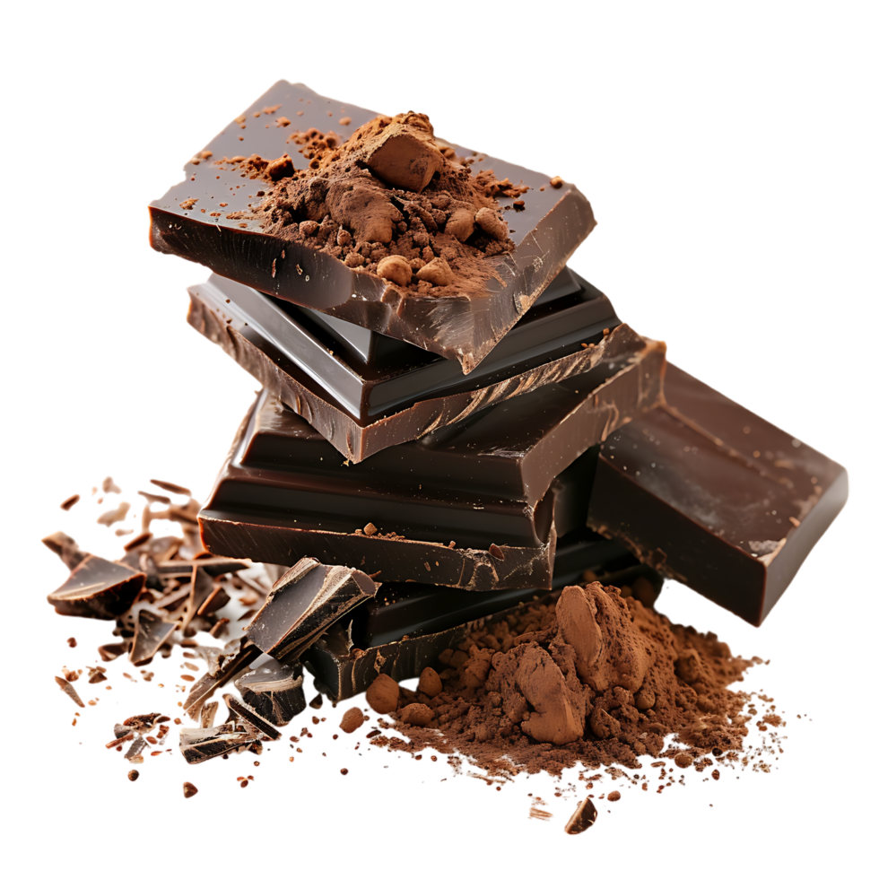 Chocolate bar pieces with cocoa powder isolated on transparent background png